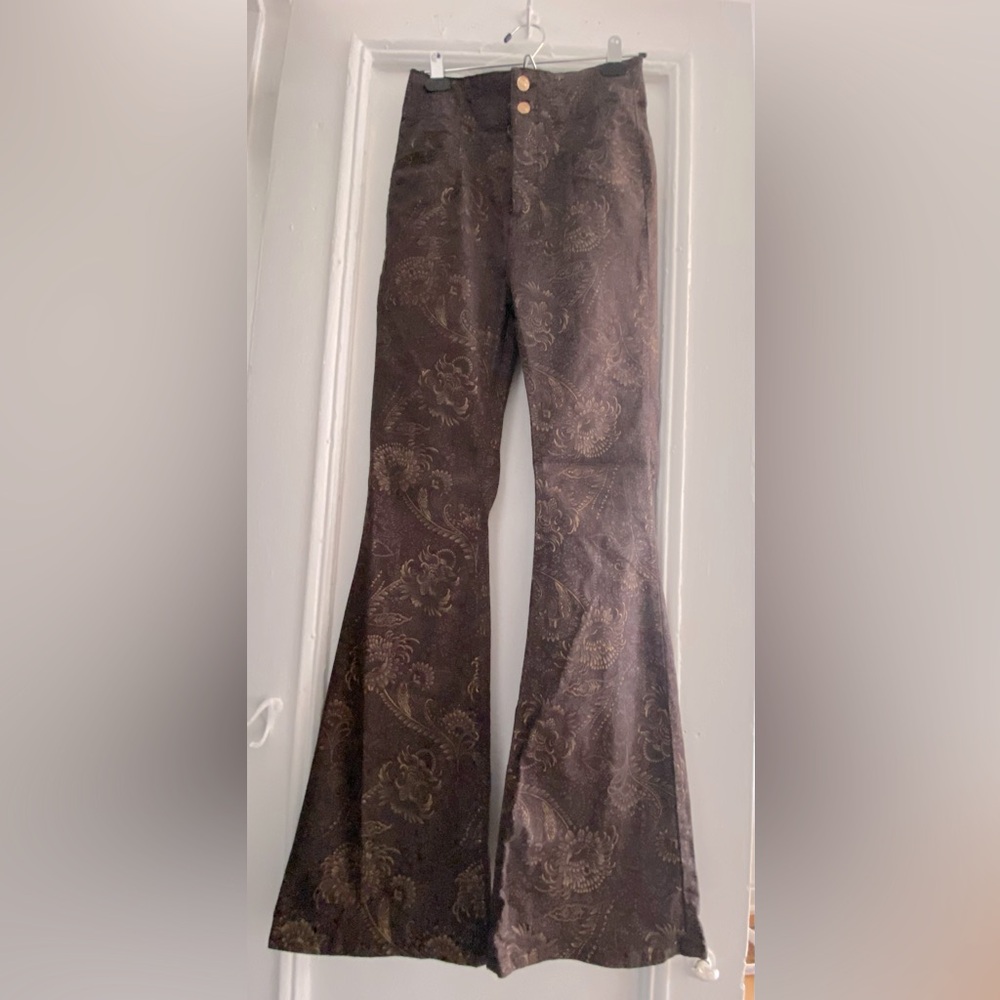 NWT We The Free by Free People Jayde High Rise Flare Leg Chocolate Foil Jeans